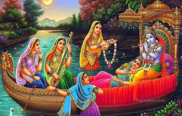 ボートに乗るラダ・クリシュナ ヒンドゥー教 Oil Paintings